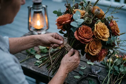 Florist Tying Rustic Autumn Rose Bouquet