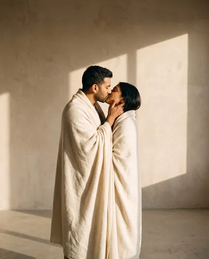 South Asian Couple Kissing in Ivory Shawl