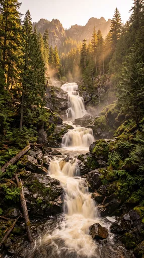 Cascading Forest Waterfall at Golden Hour