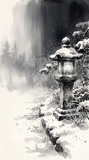 Monochrome Watercolor Snowy Stone Lantern