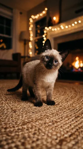 Siamese Kitten by Warm Fireplace at Night