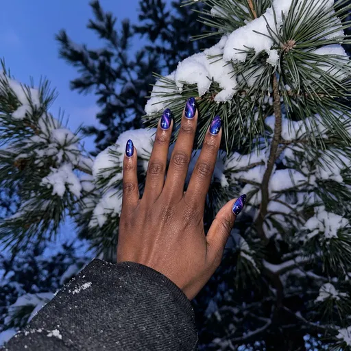 Galaxy Cat-Eye Manicure in Winter Snow