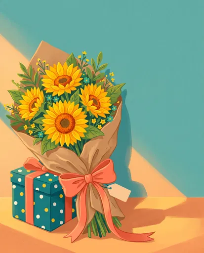 Sunflower Bouquet and Polka Dot Gift Illustration