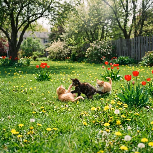 Three Kittens Playing in Spring Garden