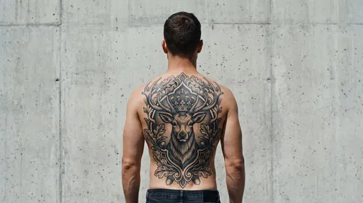 Man With Crowned Stag Back Tattoo