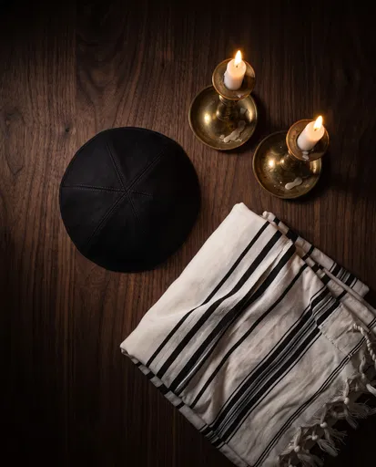 Shabbat Kippah, Tallit, and Lit Candles