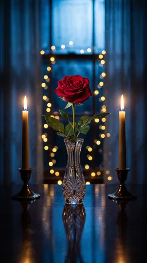 Red Rose Framed byLit Taper Candles