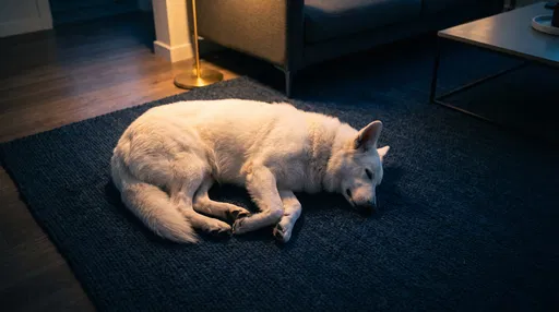 White Shepherd Sleeping on Navy Rug