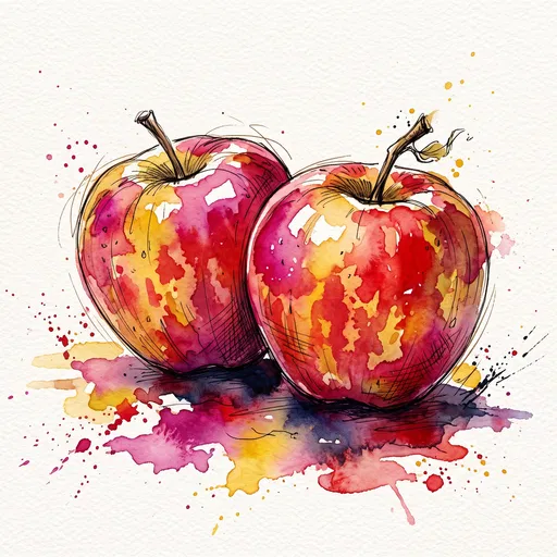Watercolor and Ink Illustration of Two Apples