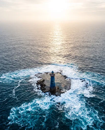 Aerial View of Blue Offshore Lighthouse