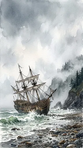 Watercolor Pirate Galleon Shipwreck on Misty Beach