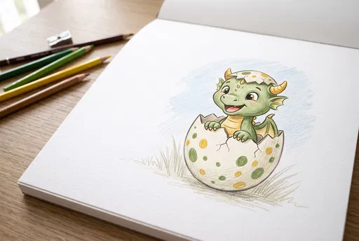 Colored Pencil Drawing of Hatching Baby Dragon