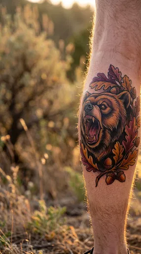 Neo-Traditional Grizzly Bear Calf Tattoo Outdoors