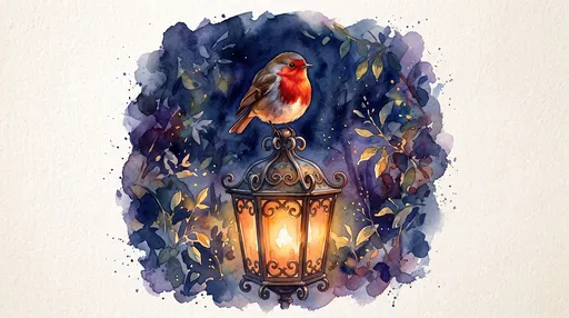 Watercolor Robin on Glowing Garden Lantern