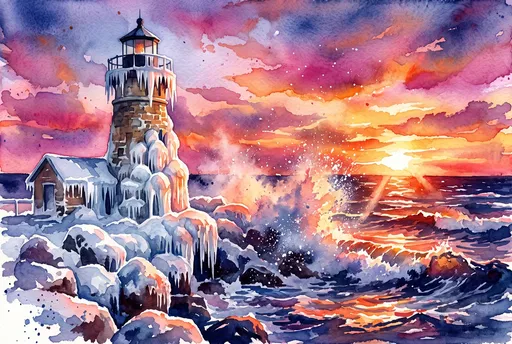 Watercolor Winter Lighthouse at Sunset