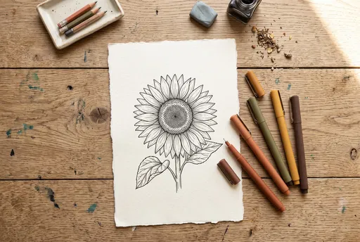 Sunflower Ink Drawing On Wooden Desk