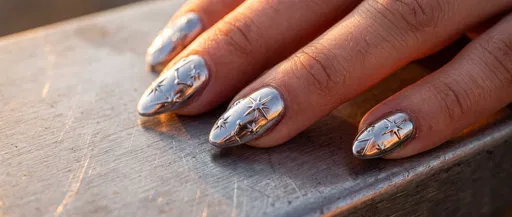 Silver Chrome Nails With Embossed Stars