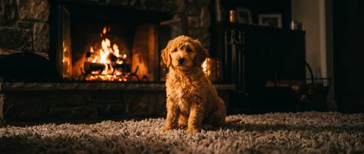 Golden Labradoodle Puppy Sitting by Fireplace