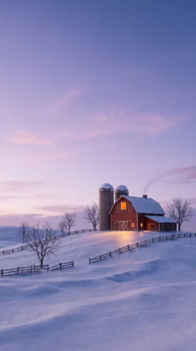 Red Barn on Snowy Hill at Twilight