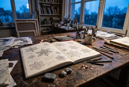 Artist Studio Table With Snowflake Sketchbook