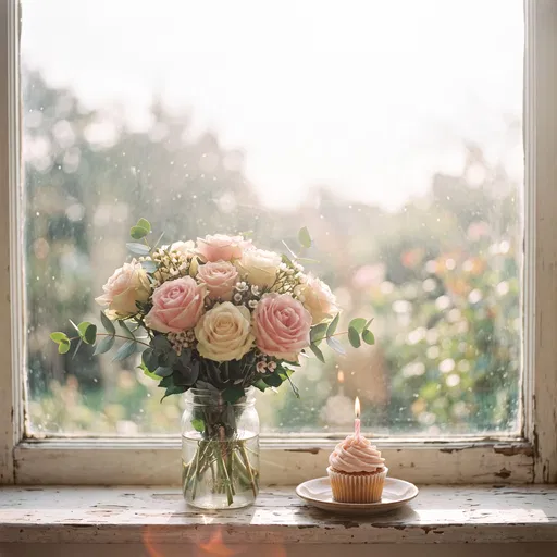 Pastel Roses and Birthday Cupcake on Windowsill