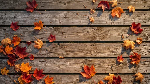 Autumn Maple Leaves on Weathered Wooden Dock