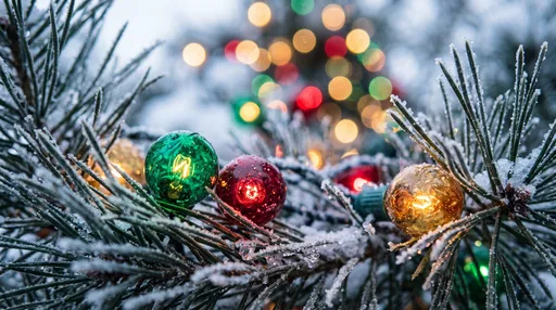 Frosty Pine Needles With Glowing Christmas Lights