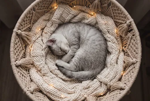 Silver Kitten Sleeping in Macrame Basket
