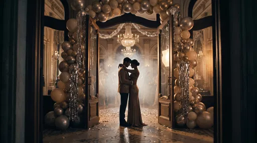 Couple Embracing in Grand Ballroom Doorway