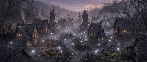 Spooky Gothic Village in Misty Twilight