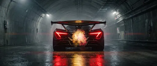 Hypercar Rear View in Misty Tunnel