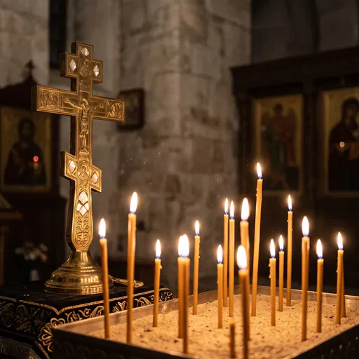 Brass Orthodox Cross and Lit Candles