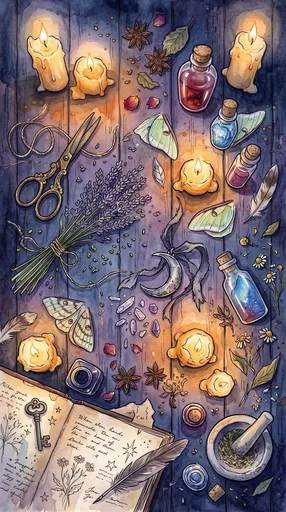 Watercolor Witch Apothecary Table Flat Lay
