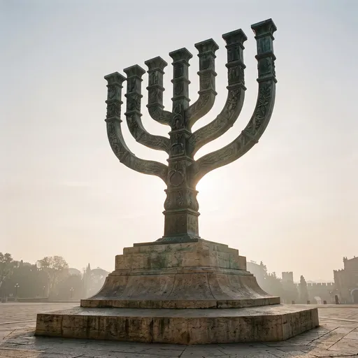 Monumental Bronze Menorah in Misty Plaza