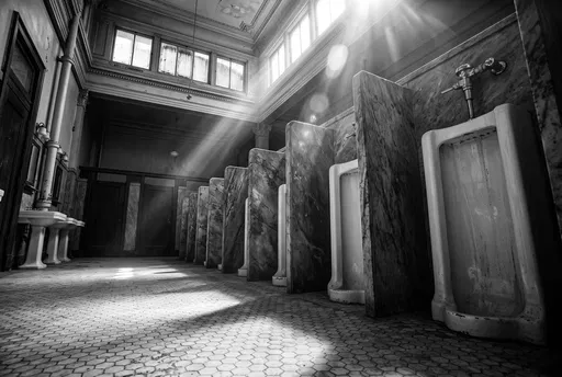 Vintage Monochrome Men's Restroom With Sunbeams