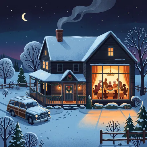 Snowy Farmhouse Holiday Family Dinner Illustration
