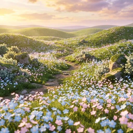 Dreamy Meadow With Pastel Flowers at Sunset