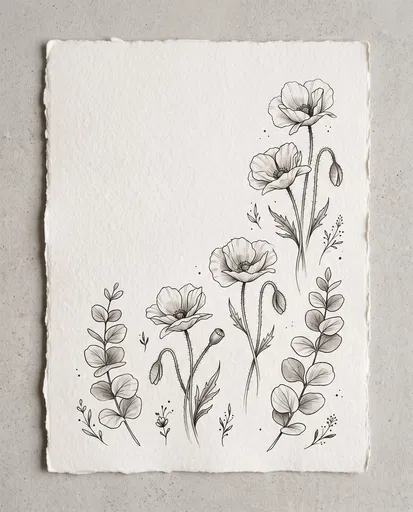 Botanical Poppy and Eucalyptus Illustration on Paper