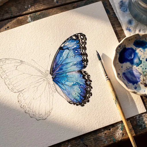 Blue Morpho Butterfly Watercolor Painting in Progress