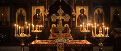 Ornate Brass Orthodox Cross on Altar
