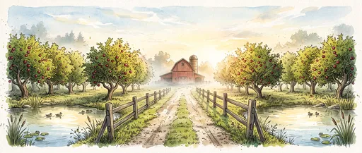 Watercolor Apple Orchard and Red Barn Panorama