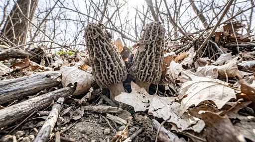 Two Grey Morel Mushrooms on Forest Floor