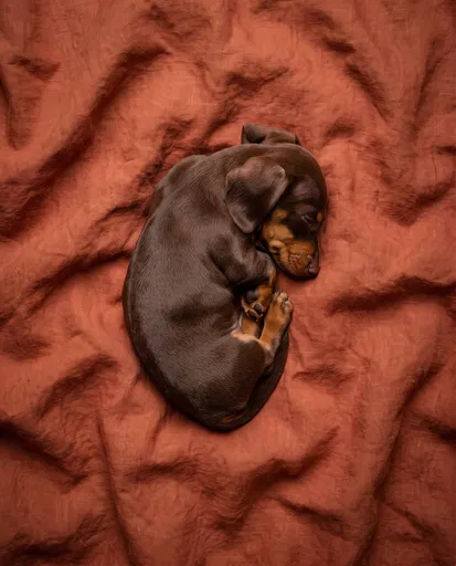 Sleeping Dachshund Puppy on Terracotta Blanket
