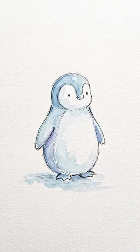 Watercolor and Ink Baby Penguin Illustration
