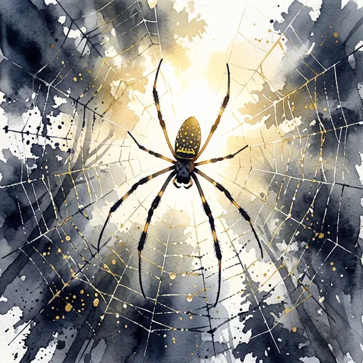 Watercolor Golden Orb-Weaver Spider in Web