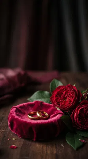Gold Wedding Bands on Burgundy Velvet