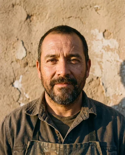 Portrait of Hispanic Craftsman Against Adobe Wall