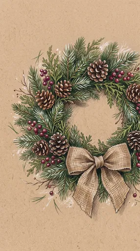 Rustic Christmas Wreath Colored Pencil Illustration