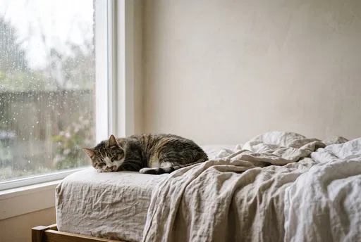 Tabby Cat Sleeping by Rainy Window
