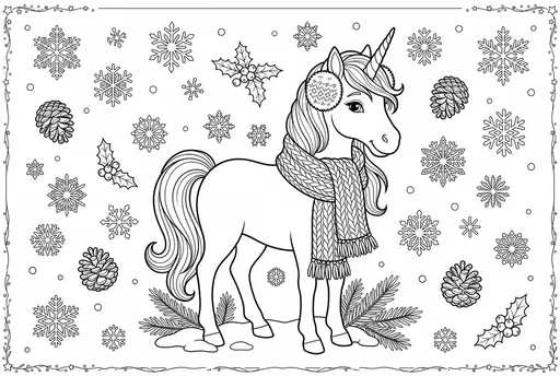 Winter Unicorn Coloring Page Illustration